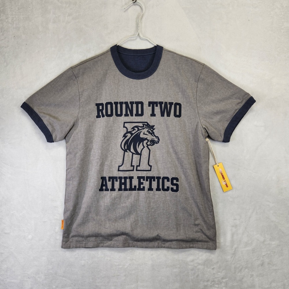 Round Two Athletics Ringer T-Shirt Mens Gray Navy Blue Graphic Varsity Tee‎ NWT